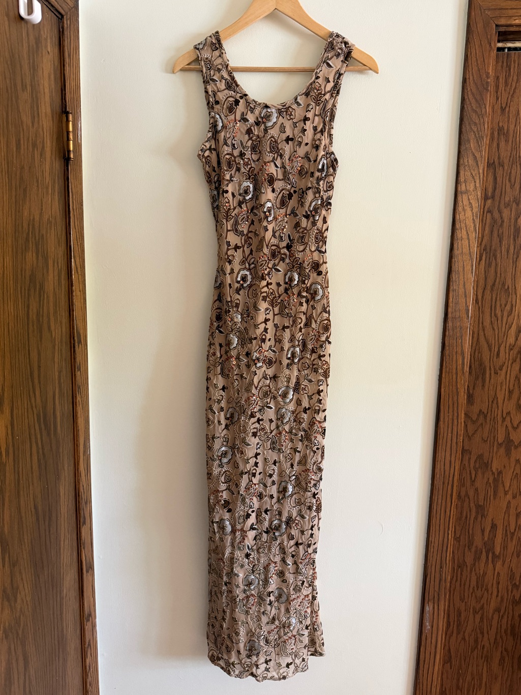 Vintage Silk Beaded Floral Maxi Dress Sequin Detail Velvet Old Hollywood Size: S